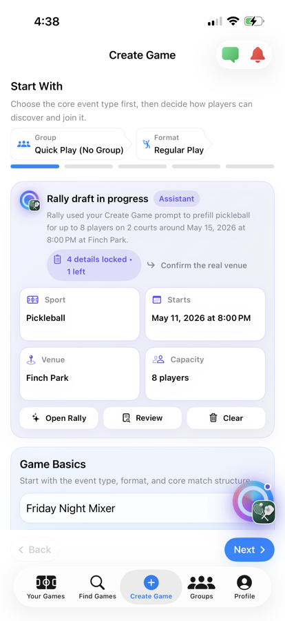 Serve Sports create game setup screen