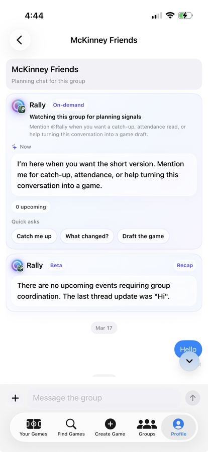 Serve Sports group chat with Rally context