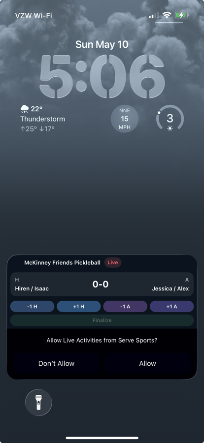 Serve Sports Live Activity preview